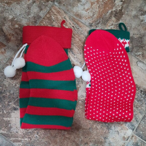 Knitted Christmas Stockings Teddy Bears Hearts Striped Pattern Set of 2 Large S - Picture 8 of 9
